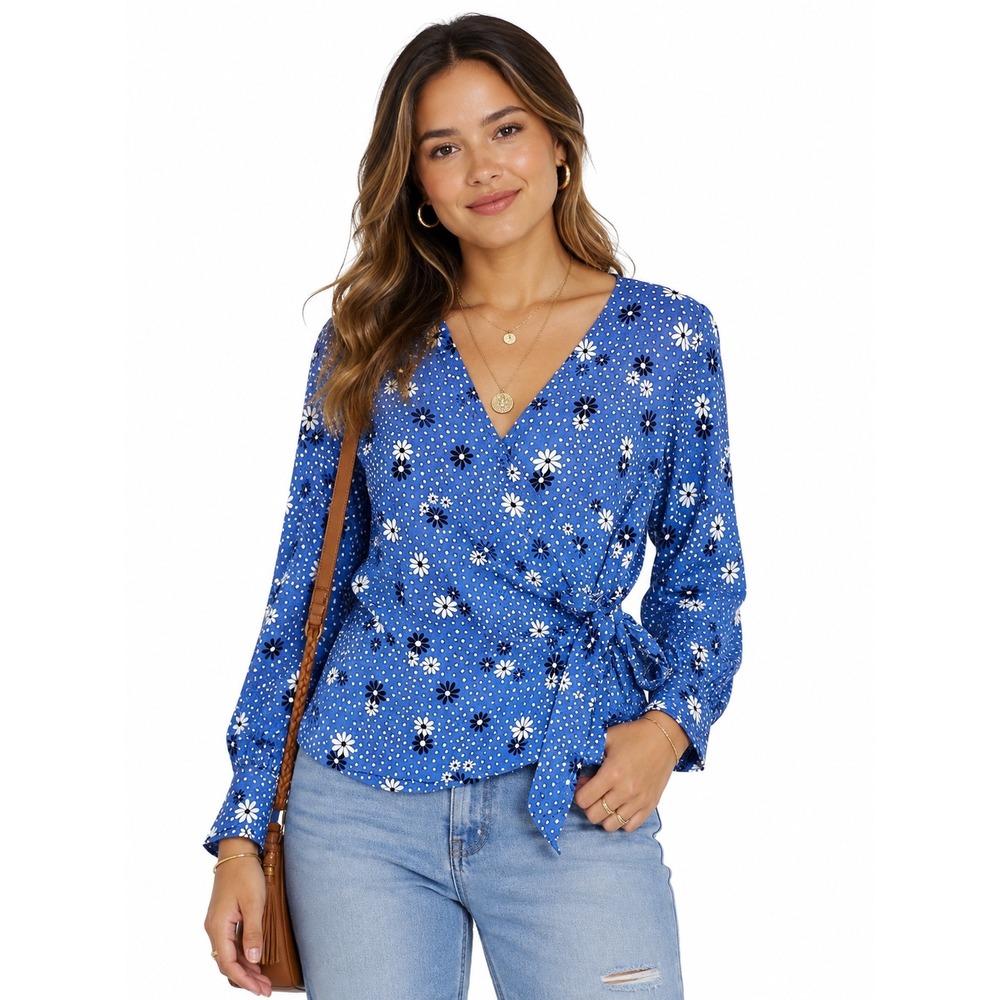 Talbots Petite Blue Floral Polka Dot Wrap Blouse Long Sleeve P Cottagecore